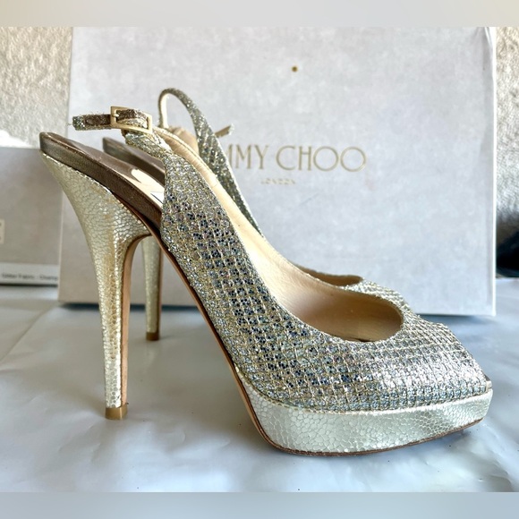 Womens Jimmy Choo Nova Champagne Glitter Peep Toe Slingback Heels 35/6 - Picture 4 of 10